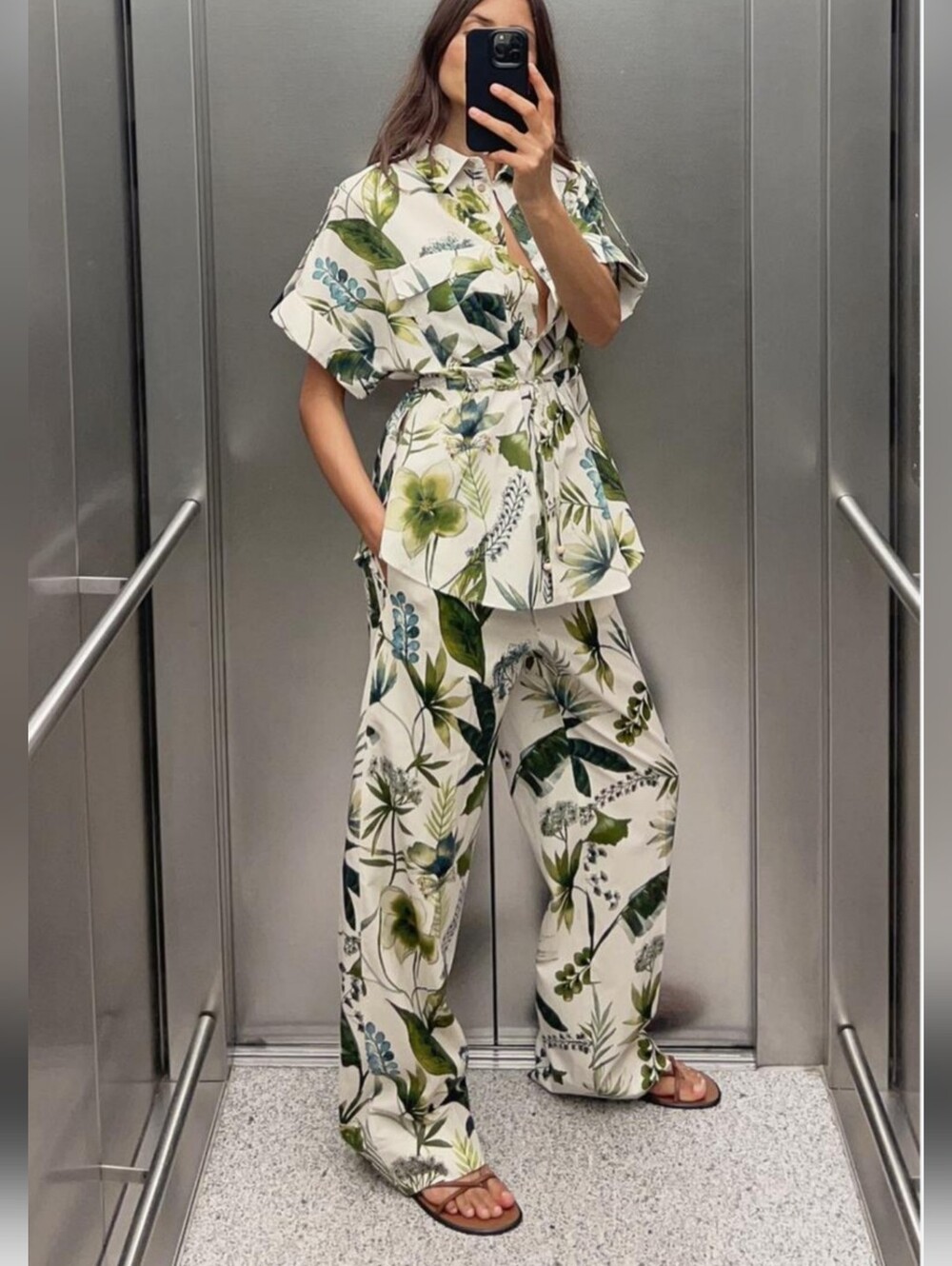 ZARA Tropical Print Straight Leg Summer Pants - Green White